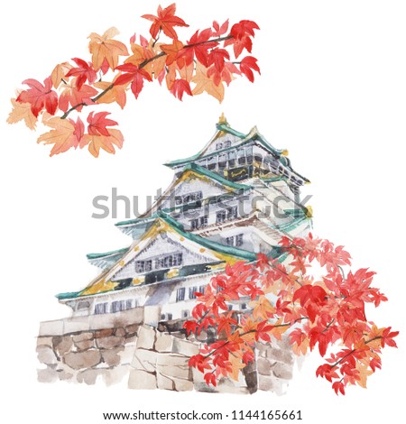 Osaka castle with branch of red leave in autumn. Hand drawn watercolor painting.