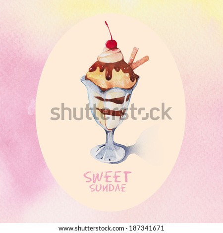 Vanilla ice cream sundae topped with chocolate, watercolor painting.