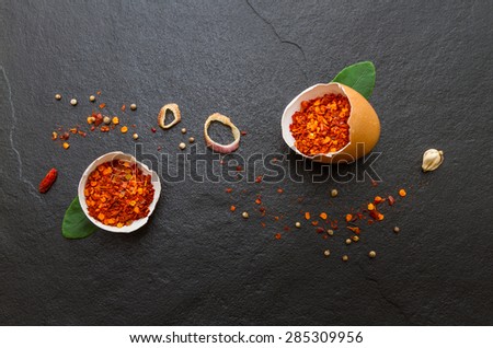 Chili spices and herbs in metal bowls. Food and cuisine ingredients. Colorful natural additives for decorate and design project. Image ID: 283928015