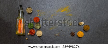 Mixed spices and herbs on background for decorate design.