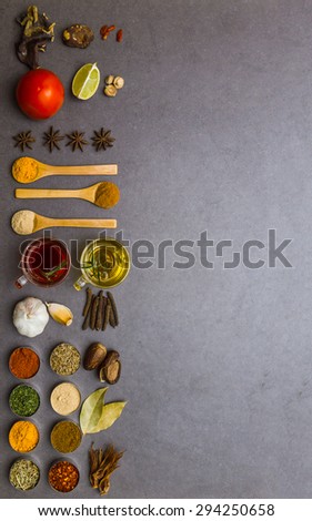 Many spices and herbs selection background for decorate design project. Spices mix selection background for decorate design project
