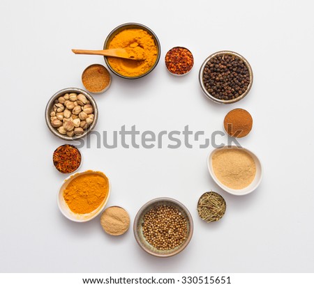 Spices for herb and cooking on white background,Top view spices on white background,indian spices for making something food on the world,spices content,Various kinds of spices on white background