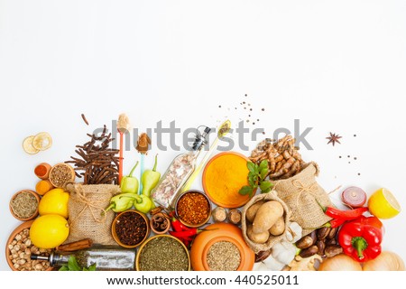 Spices and herbs for cooking on white background,Top view spices on white background,indian spices for making something food on the world,spices content,Various kinds of spices on white background