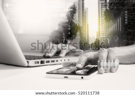 Double exposure of businesswomen using smart phone with blur city day and night and connection network and business concept, copy space, mock up.