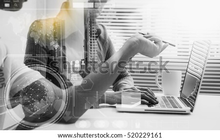 Double exposure of business people meeting to discuss the situation on the marketing, businessman and businesswoman talk about meeting subject on data and business concept, copy space, mock up.