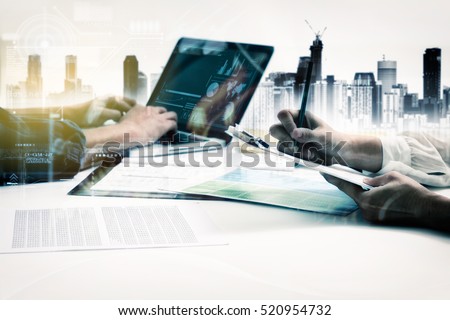 Double exposure of business people meeting to discuss the situation, businessman and businesswoman talk about meeting on data for development,business concept, copy space, mock up.