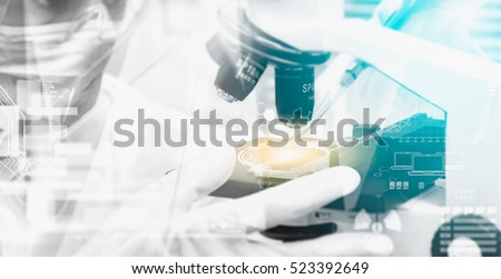 Double exposure of scientist taking aliquote of an enzyme in modern lab, science concept,copy space,mock up,film effect.