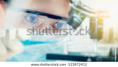 Double exposure of scientist with equipment and science experiments ,laboratory glassware containing chemical liquid for design or decorate science or other your content,copy space,mock up.