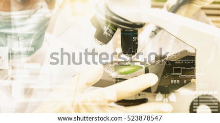Double exposure of scientist taking aliquote of an enzyme in modern lab, science concept,copy space,mock up,film effect.