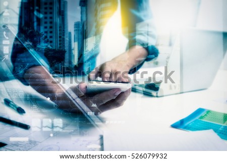 Double exposure of businessman using smart phone and connection network and business concept, copy space, mock up.