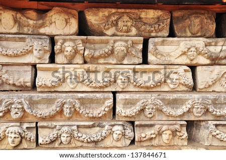 A Collection of the sculptors art seen on panels designed for burial caskets. Aphrodisias clearly loved sculpture and statues and reliefs are to be seen everywhere at the site.