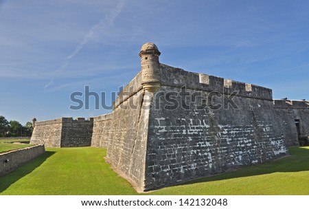 A view of the strong defense structure of the fort in St Augustine, Florida. The fort Castillo de San Marcos is a National Monument