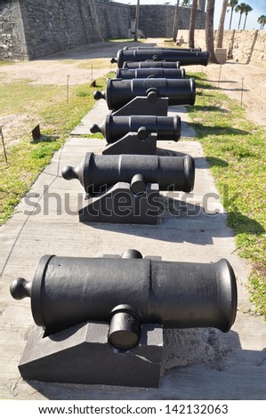 A lineup of canons providing defense for St Augustine and the fort - Castillo de San Marcos in Florida