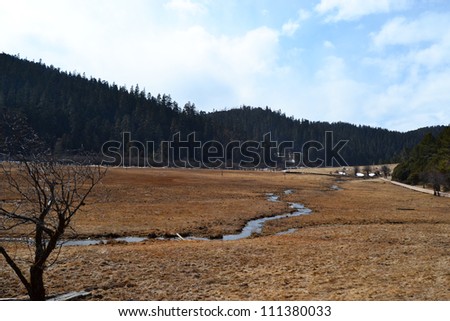 river cross grassland in western china  blue sky nobody, in pudacuo national park, valley view in Yunnan