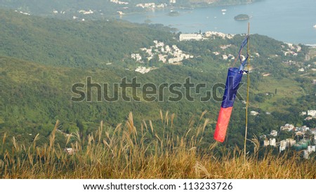 windsock with the town bird view in hong kong suburb Sai Kung