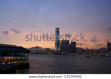 HONG KONG -  MARCH 28: the International Commerce Centre in the evening,  view from Hong Kong island in Kowloon on March 28 2013. ICC Tower is the tallest building in Hong Kong.