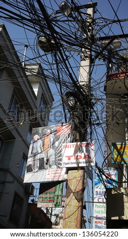 KATHMANDU, NEPAL - JANUARY 20: the disorder electric wires in Kathmandu on 20 Jan 2010.  the United Nations list Nepal as one of the Least developed country in the world