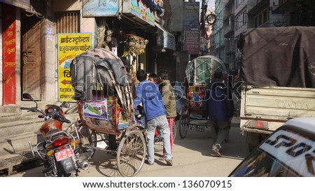 KATHMANDU, NEPAL - JANUARY 19: rickshaws in Kathmandu on 19 Jan 2010. the United Nations list Nepal as one of the Least developed country in the world