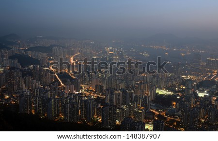 the bird view of hong kong cityscape at night
