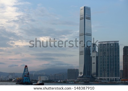 HONG KONG - JUNE 28: the International Commerce Centre in the evening,  view from Hong Kong island in Kowloon on june 28 2013. ICC Tower is the tallest building in Hong Kong.