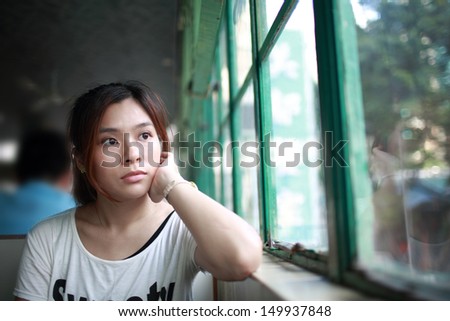 The Thinker, annoying woman waiting someone look at window, staring into space, fall into a trance