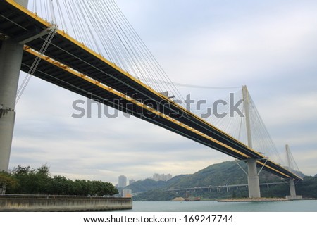 hong kong bridge, Tsing Ma Bridge  in gloomy sky winter suspending bridge cross between the island