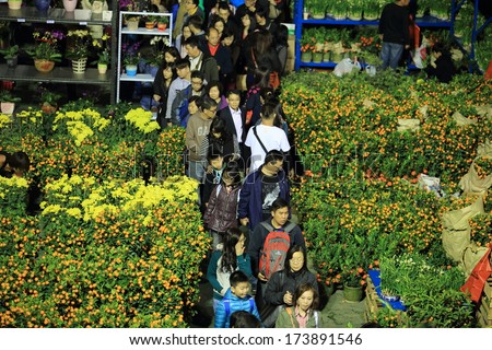 HONG KONG,JANUARY 29: the CNY flower market inTsuen Wan park in hong kong on 29 Jan. 2014. In cny tradition, people will go to flower market to shopping for good luck