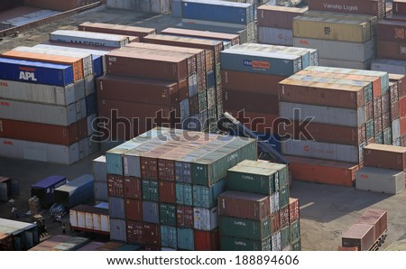 HONG KONG -MAY 5: the cargo boxes at harbor in HongKong on May 5, 2013. Hong Kong features a free trade economy with low taxation in global import and export