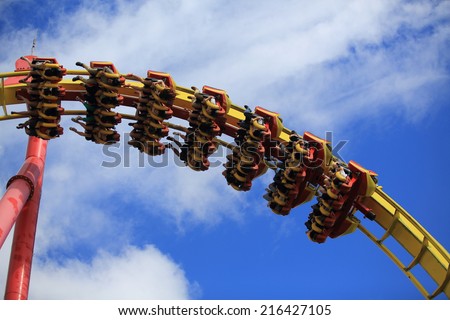 HONG KONG, SEPT 8: people arrive in inverted Roller coasters the amusement game in Ocean park in hong kong on 8 September 2014. Ocean park is one of the two large theme parks in Hong Kong