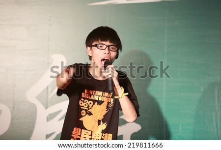 HONG KONG, SEPT 26: leader of Scholarism, Joshua Wong Chi fung have a speech in Tamarind on 26 September.2014. Students involved in protest for 2017 Chief Executive Election and education issue