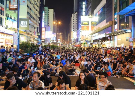 HONG KONG, OCT 1: protesters occupy the road in Mongkok on 1 October 2014. after riot police fire tear shell to the peaceful protesters on 28 sept, more people join the protest