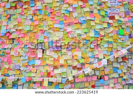 HONG KONG,OCT. 13:people post the memo on the wall of admiralty government offices in Admiralty on 13 october 2014. Umbrella revolution after two week, people still insist in occupy protest.