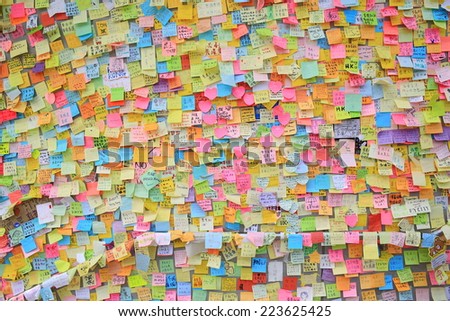 HONG KONG,OCT. 13:people post the memo on the wall of admiralty government offices in Admiralty on 13 october 2014. Umbrella revolution after two week, people still insist in occupy protest.