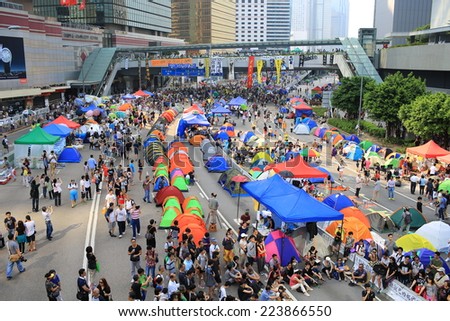 HONG KONG, OCT 13: people set up the tents for long time occupation in admiralty on 13 October 2014. people is still insist in occupy protest during the umbrella revolution