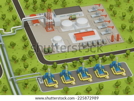 Illustration of extraction of oil, transporting gas or oil on land station. Oil field