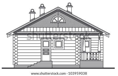 Detailed drawing of wooden sauna building, front facade with log elements, columns, pillars, and decorative ornaments. Raster version of vector image