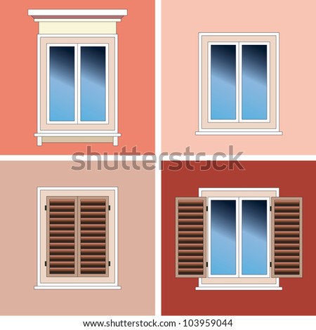Four classical types of french balconies over stucco background. Raster version of vector image