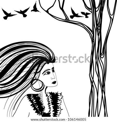 Black and white sketch of beautiful woman looking at tree with birds. Raster version of the vector image