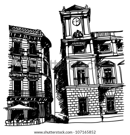 Black and white sketch drawing of a small square of old european city with classical buildings