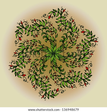Hand drawn circular ornament with green spiral flowers. Eps10