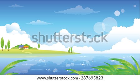 beautiful summer landscape with hills river and lone home
