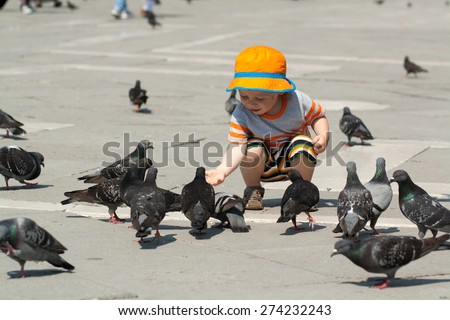 child feeding pigeons, baby feeding birds, baby on square Saint Marco, dressed in short sleeve with orange summer hat, Venice, Italy