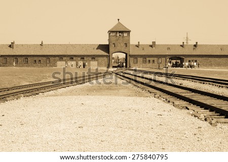 Main entrance to Auschwitz Birkenau Concentration Camp, sepia photo, World War II, Second World War,WW2, Poland