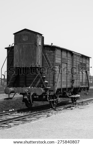 Train wagon in Auschwitz Birkenau concentration camp, black and white photo, World War II, Second World War,WW2,Poland