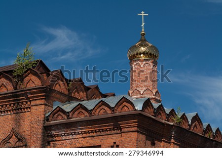 traditional orthodox church in Russia, Golden ring, bell tower, monastery, cross on the top, under reconstruction