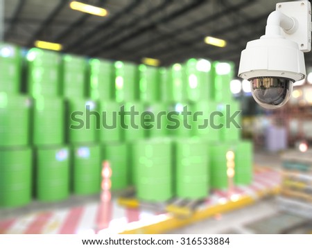 CCTV system security of products in warehouse blur background.