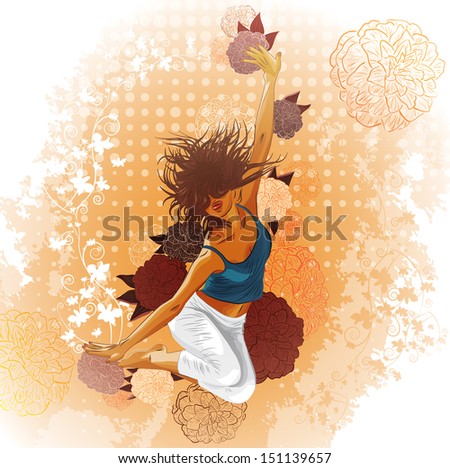 Abstract background with dancing girl. Raster version of vector illustration