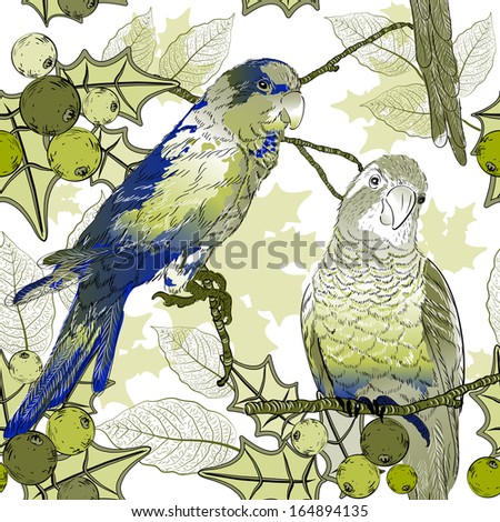 Seamless pattern with parrots and berries Seamless pattern with parrots and berries