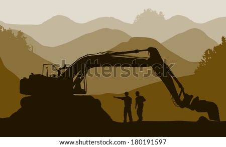 Excavator loader and workers at mine Excavator loader and workers at mine