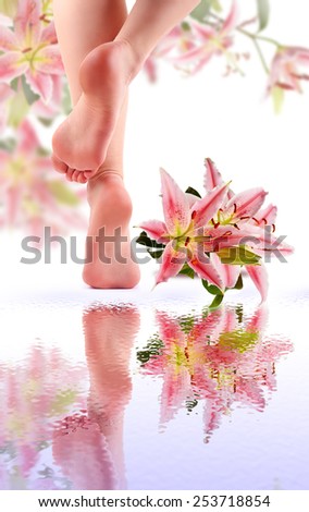 Female feet and Pink lily on white background with reflection in water